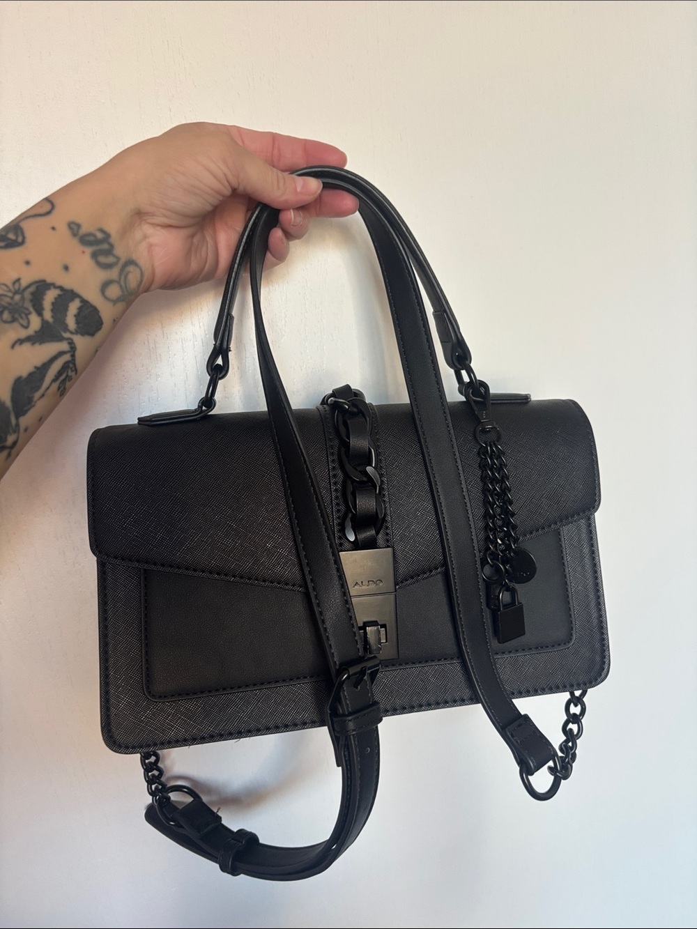 Aldo Black Top-Handle Satchel with Chain Accent